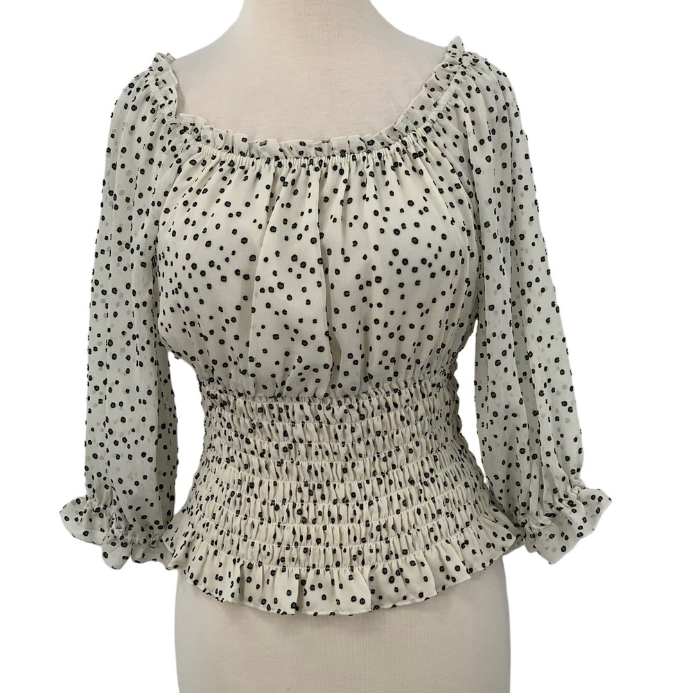 Anthropologie Off Shoulder Lucia Blouse Smocked Polka Dot Black Cream Size S